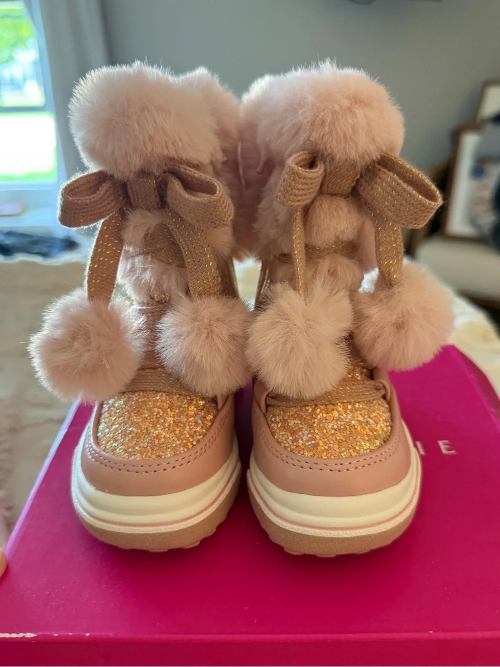 Toddler Pink Glitter Pom Pom Winter Boots